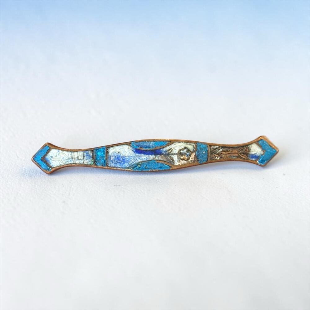 Antique Blue Enamel Bar Brooch Edwardian Floral Arts & Crafts Patina
